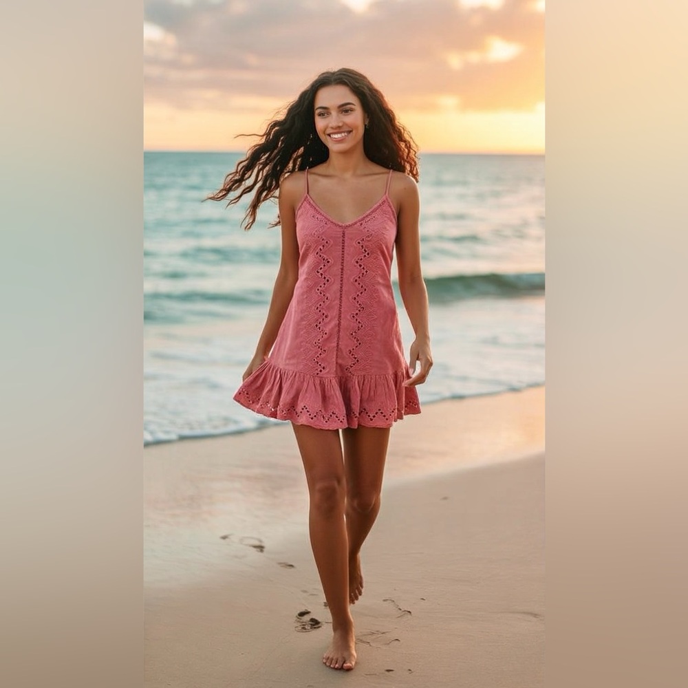 House Of Harlow 1960 Size XS Coral Pink Mini Dress Cottage Resort Eyelet Lace